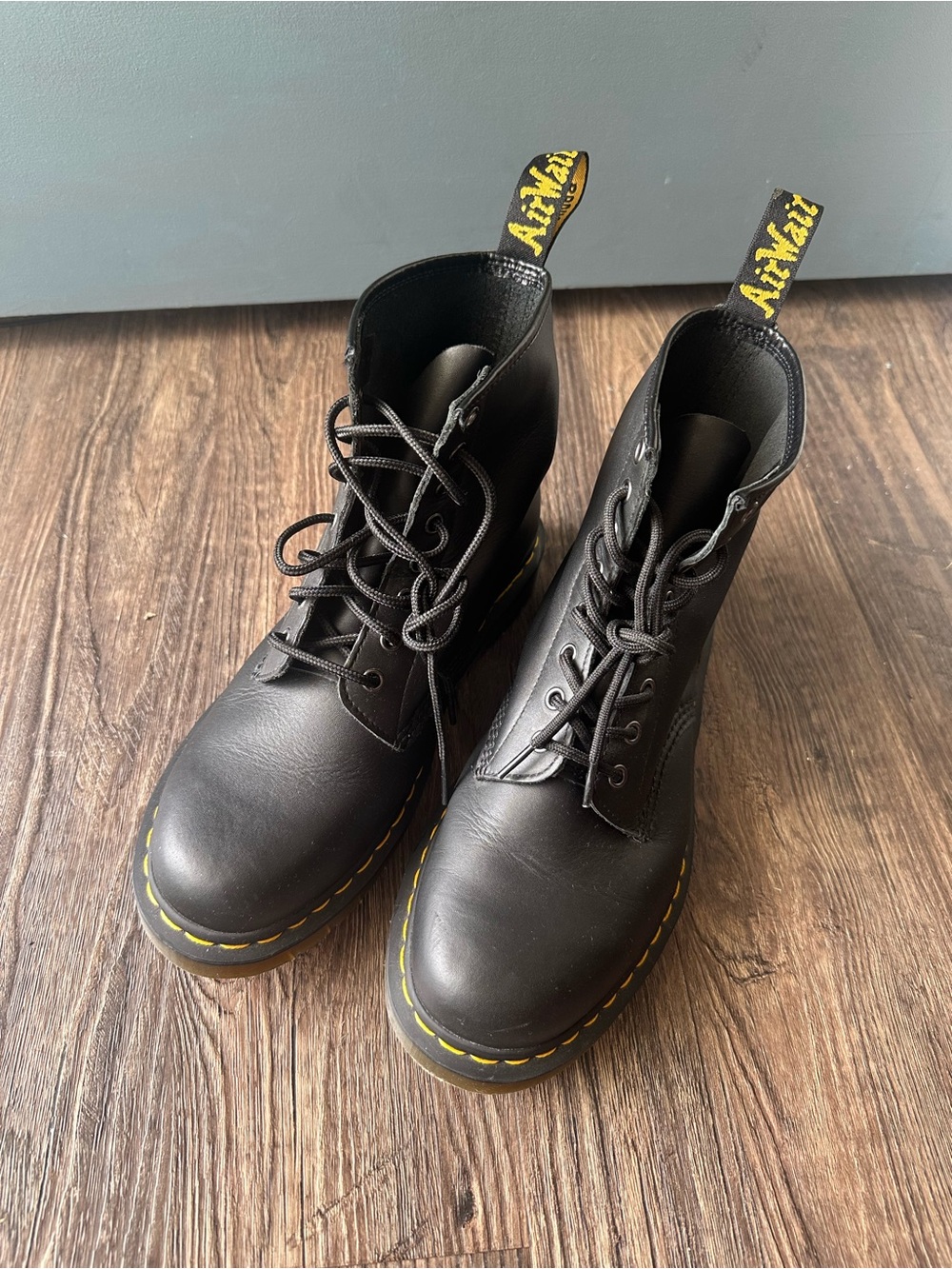 Dr. Martens 1460 Black Leather 8-Eye Lace-Up Boots with Yellow Stitching